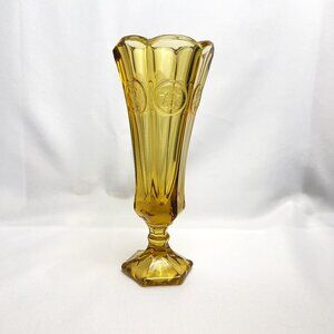 Fostoria Vintage Coin Amber Glass Vase Medallions Mid-Century USA 8”
